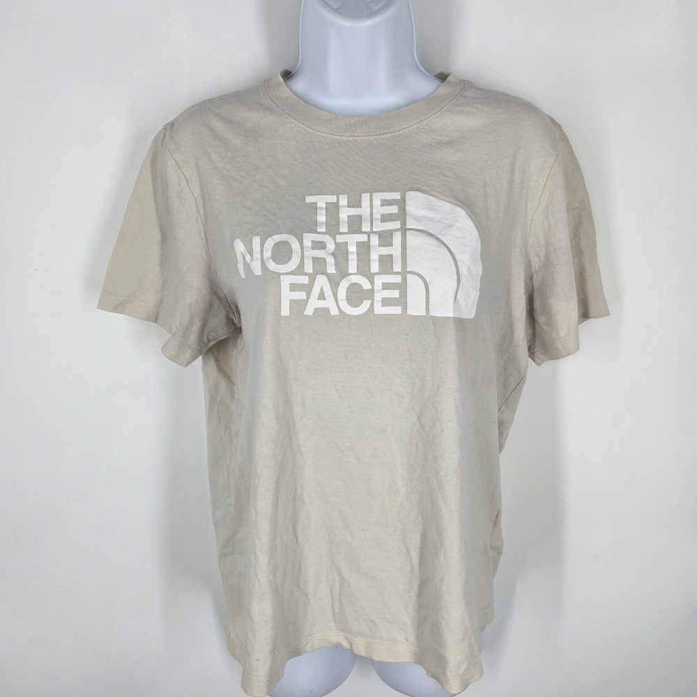 North Face Women’s Medium T-Shirt Beige Half Dome Logo Graphic Tee Cotton